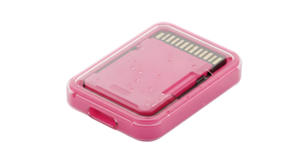 Pink waterproof case with a microSD card inside designed for digital storage and protection in a stylish and functional way for electronics lovers