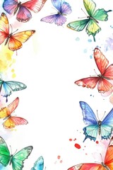 Fototapeta premium Watercolor painting of colorful butterflies framing a white background