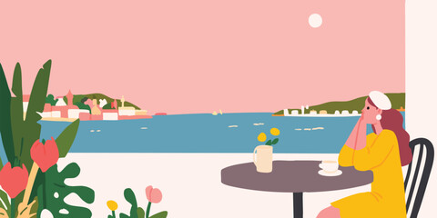 Fototapeta premium A woman gazes out at the tranquil sea, enjoying a moment of peace and serenity on a sunny day, surrounded by vibrant flowers and overlooking a charming coastal town.