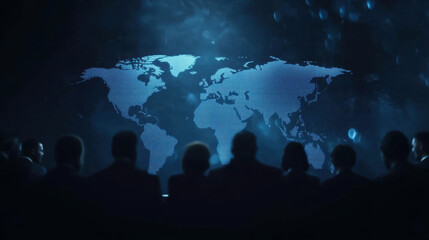 group of people in silhouette sit facing large, glowing digital world map, creating futuristic and collaborative atmosphere. map appears to be beneath transparent floor