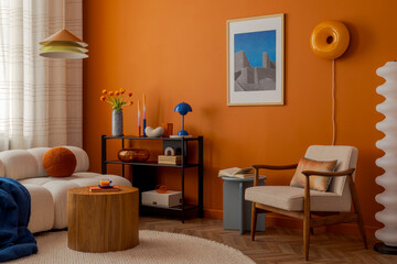 Warm-toned interior with a mix of mid-century and modern design elements, styled with colorful...