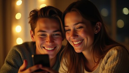 Joyful couple enjoying time together while using a smartphone  