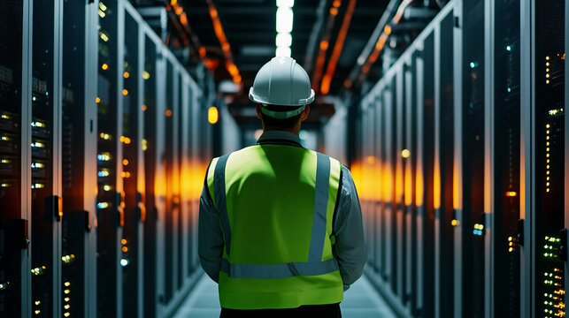 Rear view of technician in safety vest and hard hat walking down server room aisle, showcasing data center infrastructure and technological advancement