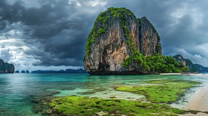 Tropical island rock formation under dramatic sky. Possible use Travel brochure, tourism ad