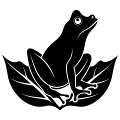 Obraz premium A vector silhouette of a frog sitting on a leaf, its legs tucked under its body, 