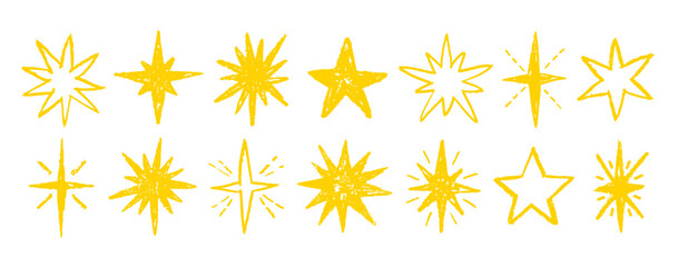 Crayon star shape, hand drawn pencil line doodle pattern. Pastel brush texture, color background. Star figure. Vector chalk line sketch. Sticker icon, sparkle figure. Crayon pastel school scribble bg