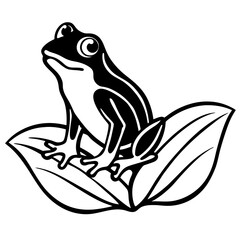 A vector silhouette of a frog sitting on a leaf, its legs tucked under its body, 