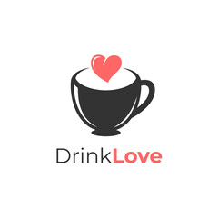 Cup mug love logo design vector illustration. Cup logo with heart love icon symbol. Drink love design icon symbol. Suitable for drink, food, beverages, coffee, tea, milk. Vector illustration.