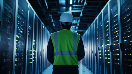 Person in safety vest and hard hat walking down a server room aisle, showcasing data center infrastructure and IT technology