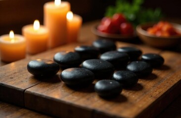 Relaxing spa scene with black massage stones and candlelight ambiance