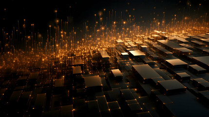 Obraz premium Golden city of light, a shimmering metropolis of glowing cubes and rising energy beams, dark background.