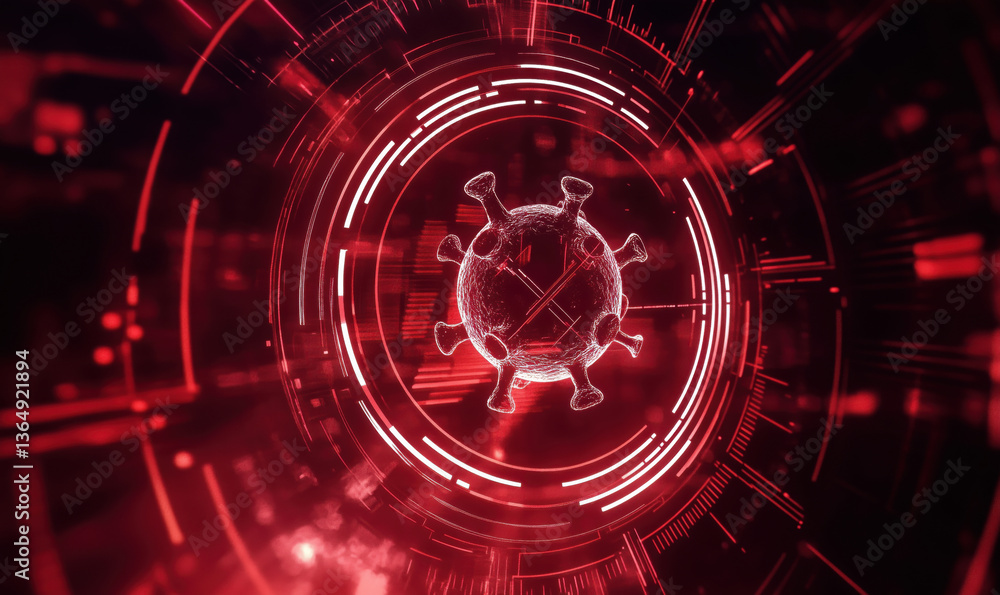 Aufkleber virus illustration in red digital background, depicting covid-19 virus structure, surrounded by glow