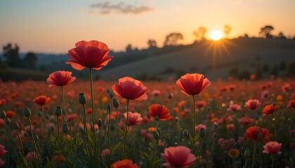 Fototapeta premium Red Poppy Meadow at Sunset Warm Light Over Field