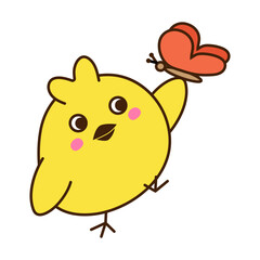 Cute little chicken with butterfly cartoon character isolated on white background. Vector art illustration in flat style. A separate element for your design.