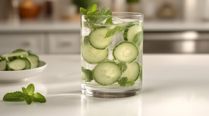 Refreshing Cucumber Mint Delight: A close-up of a clear glass filled with ice cubes, slices of fresh cucumber, and sprigs of mint, offering a visual representation of refreshing hydration.