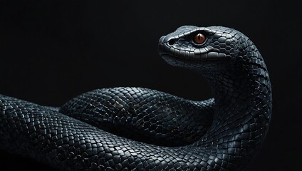 Fototapeta premium Coiled Snake with Dark Scales and Amber Eye on Dark Background