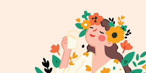 A woman, adorned with a floral crown, savoring a refreshing drink in a captivating, artistic composition.