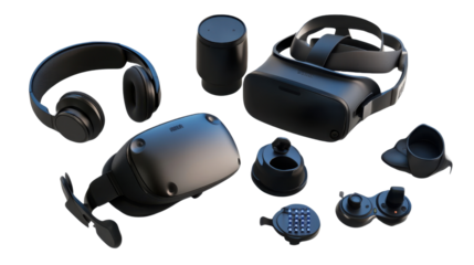 VR Tech Unveiled: A high-angle perspective captures an array of advanced virtual reality (VR) technology components against a backdrop that makes them more prominent.