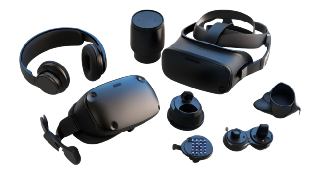 VR Tech Unveiled: A high-angle perspective captures an array of advanced virtual reality (VR) technology components against a backdrop that makes them more prominent.