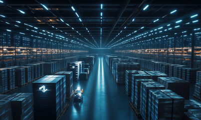 Futuristic warehouse interior with automated machinery, bright lighting, and organized pallets. High-tech storage facility showcasing advanced logistics.