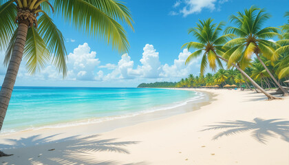Tropical beach scenery with palm trees and serene ocean view
