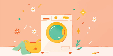 Obraz premium A whimsical, minimalist illustration depicts a washing machine, symbols of cleanliness and ease of use. A basket of clean laundry awaits, adorned with playful shapes and patterns.