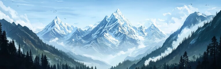 Fototapeta premium Majestic Snow-Capped Mountain Range in Serene Valley
