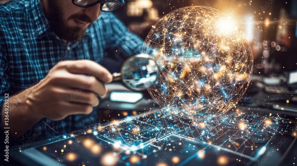 Wall mural engineer inspecting a network globe on a touchscreen. futuristic tech concept for development