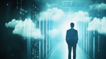 A cloud computing expert managing cloud infrastructure, high-tech server room with cloud data visualizations and digital monitoring in the background, High-tech style