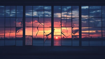 Fototapeta premium Broken window sunset city view. Possible stock photo use