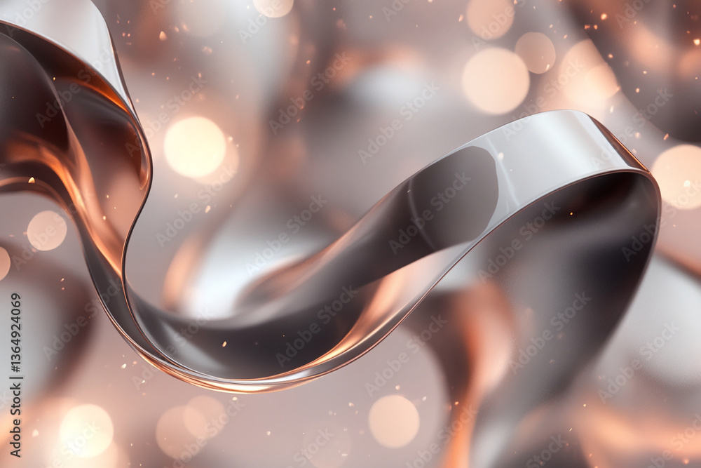Poster abstract image of a metallic, flowing ribbon on a bokeh background, showcasing elegance and fluidity