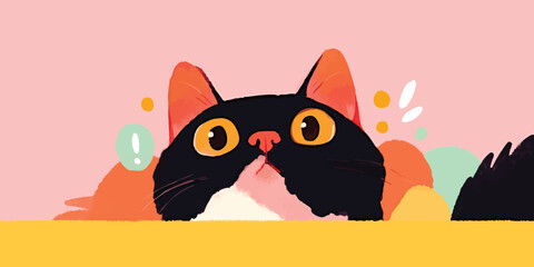 Fototapeta premium A curious cartoon cat peeks over a colorful background, its expressive eyes filled with playful intrigue, captivating viewers with its animated charm.