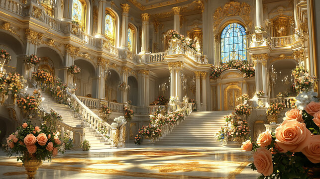 Luxury ballroom interior with marble columns, rose decorations and staircase. Royal palace hall with ornate golden pedestals, floral vases and stained glass window. Grand classical kingdom corridor.