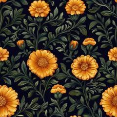 Marigold flower plant flora bloom botany seamless pattern ornament design, tile