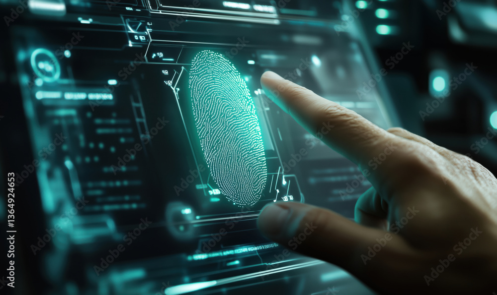 Poster fingerprint scanning technology, digital interface, biometric security, user interaction with hologr