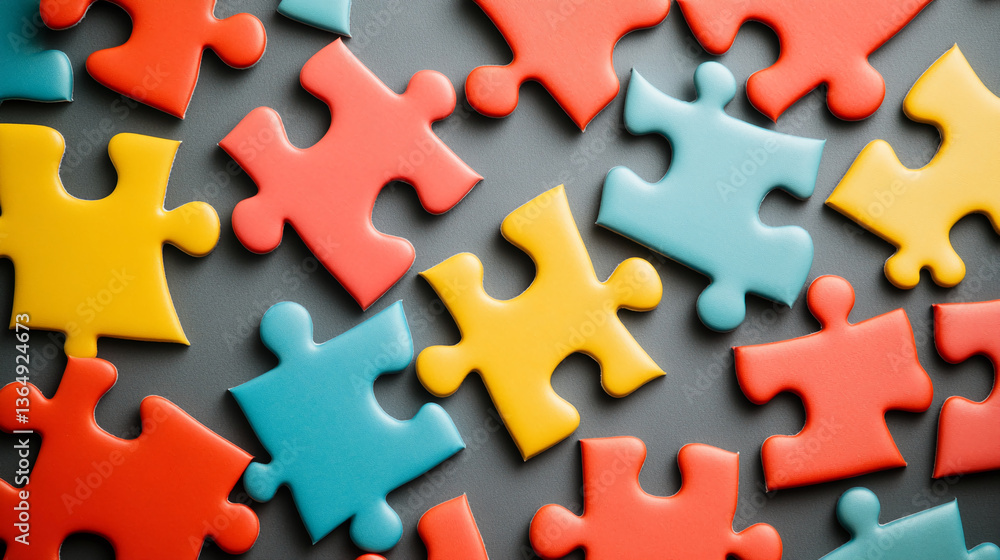 Poster colorful puzzle pieces on gray background, representing teamwork, problem-solving, and connection