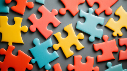 Colorful puzzle pieces on gray background, representing teamwork, problem-solving, and connection