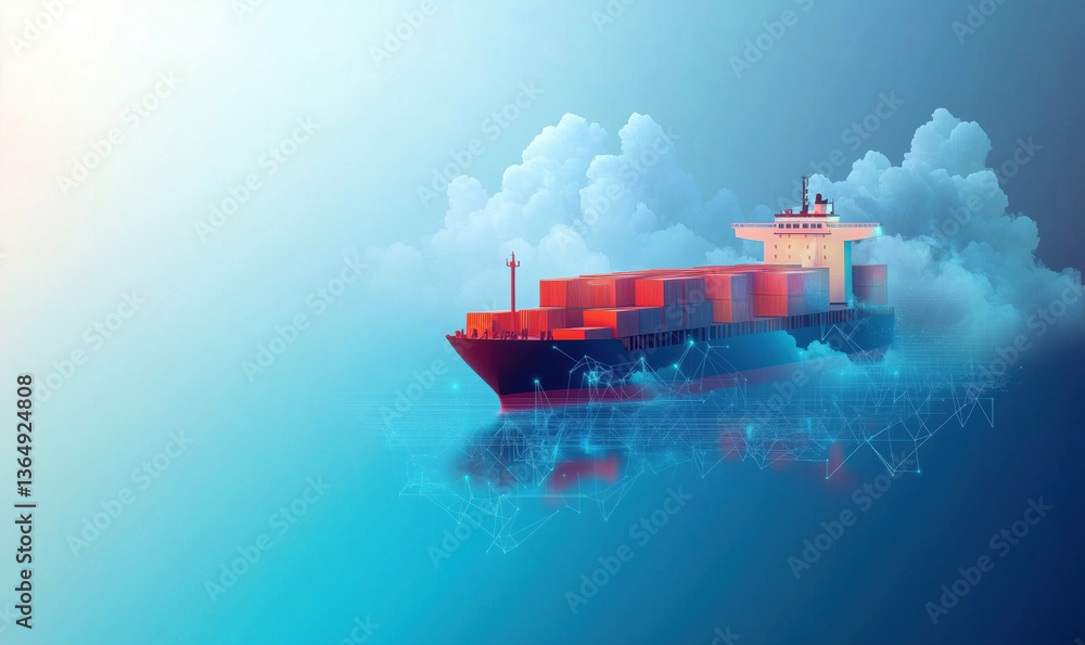 Poster cargo ship with containers navigating through digital clouds and network connections