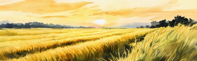 Fototapeta premium Golden Wheat Field at Sunset A Serene Watercolor Landscape