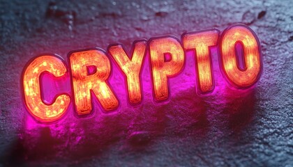 Glowing Pink Neon Crypto Sign on a Textured Wall, Finance and Digital Currency Concept