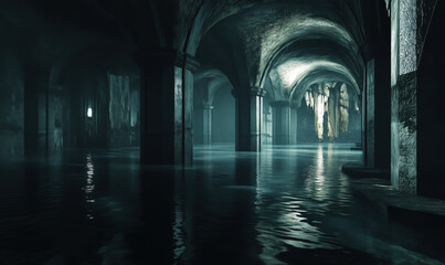 Fototapeta premium Mysterious underground water chamber, dimly lit arches, reflections on water surface, eerie atmosphere, ancient stone architecture