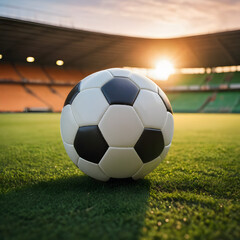 Fototapeta premium Soccer Ball on Grass at Sunset Stadium Classic Game Sports Equipment
