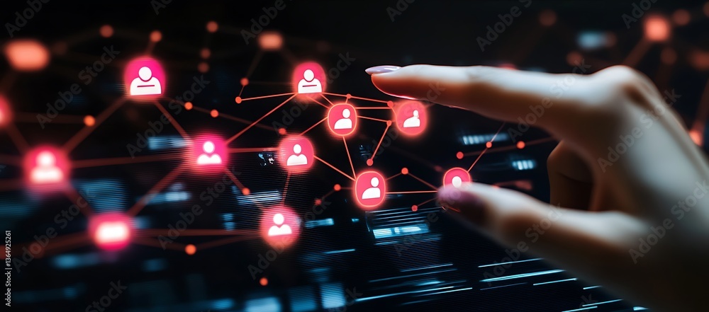 Poster businessman touching virtual ai bot interface with digital network, binary code, stock market graph,