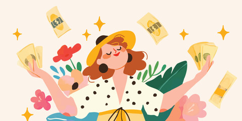 Obraz premium A radiant woman exudes joy as she revels in her prosperity, playfully tossing currency into the air. A charming illustration embodying financial abundance, happiness, and optimistic aspirations.