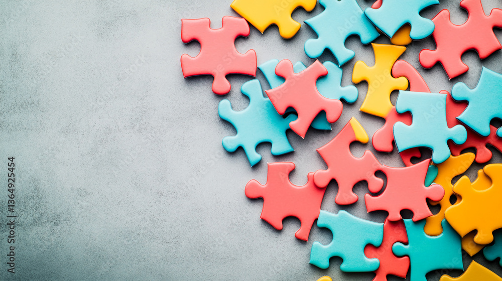 Poster colorful puzzle pieces scattered on gray background, showcasing concept of teamwork, problem-solving