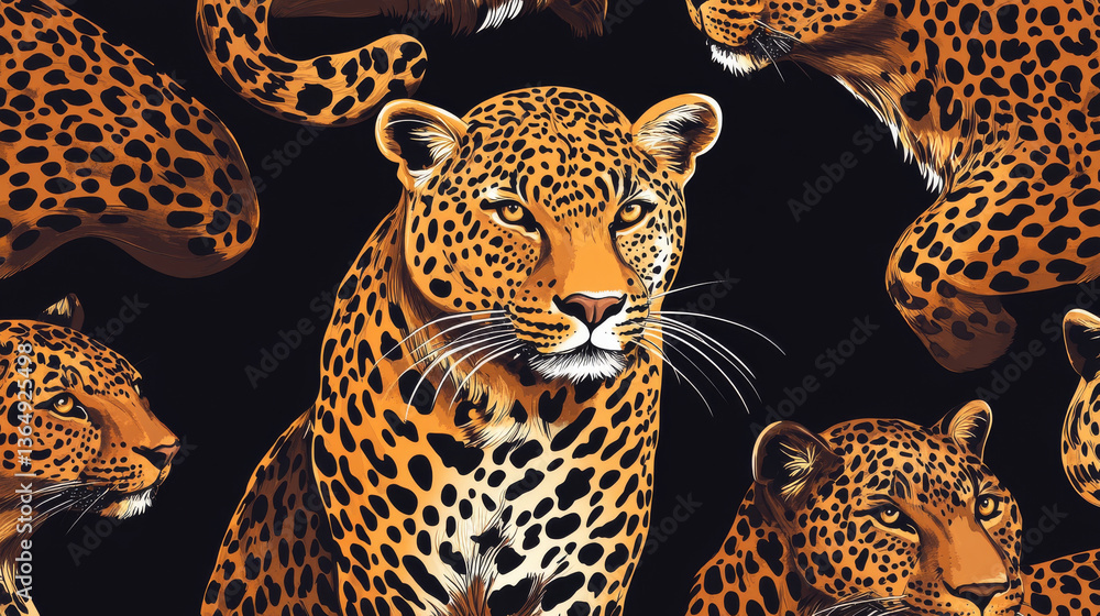 Poster leopard pattern with wildlife repeat on black background