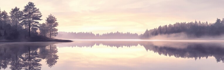 Obraz premium Serene Sunrise over Misty Lake and Forest Reflection