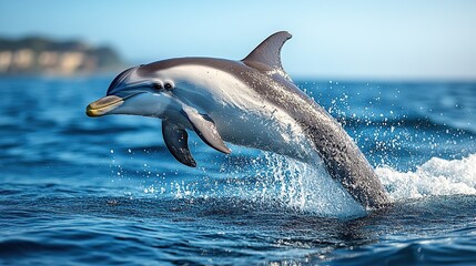 A playful dolphin jumps, splashing in blue water, clear blue sky.