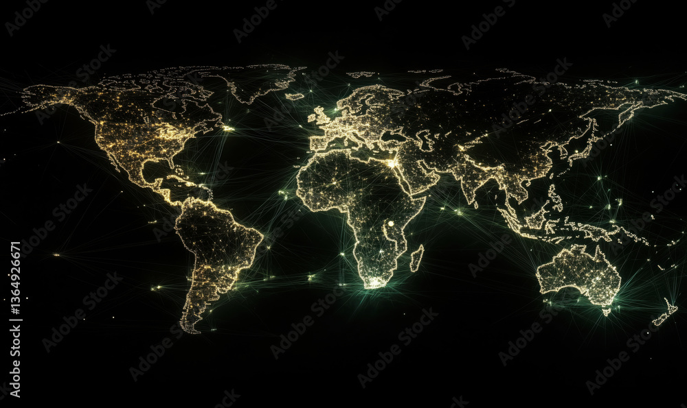 Poster illuminated world map with network connections, showcasing global connectivity and data flow across 