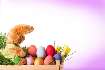 Easter eggs lying in the basket on background